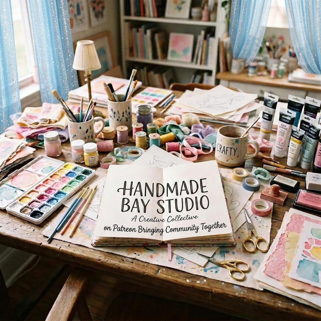 Watercolor paints, brushes, threads, tape, and an open notebook promoting a Patreon page for mixed media tutorials